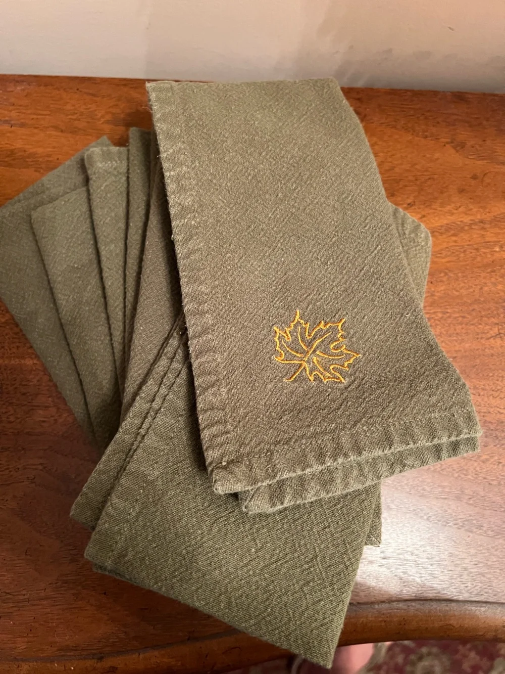 Vintage Embroidered Leaf Olive Green Cotton Napkins - Set of 8
